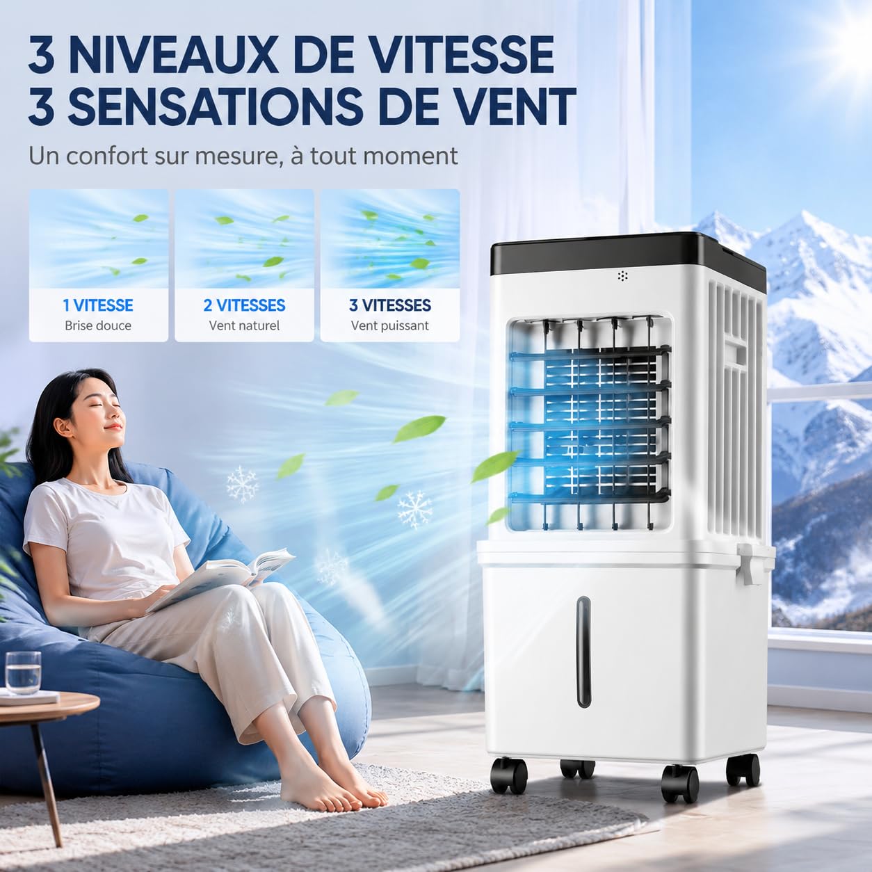 Rafraîchisseur d'Air Évaporatif 3 en 1, Ventilateur Refroidisseur avec Humidificateur, Réservoir 15 L, 3 Vitesses, 3 Modes, Oscillation 120°, Télécommande, Minuterie, 65 W, Sur Roulettes