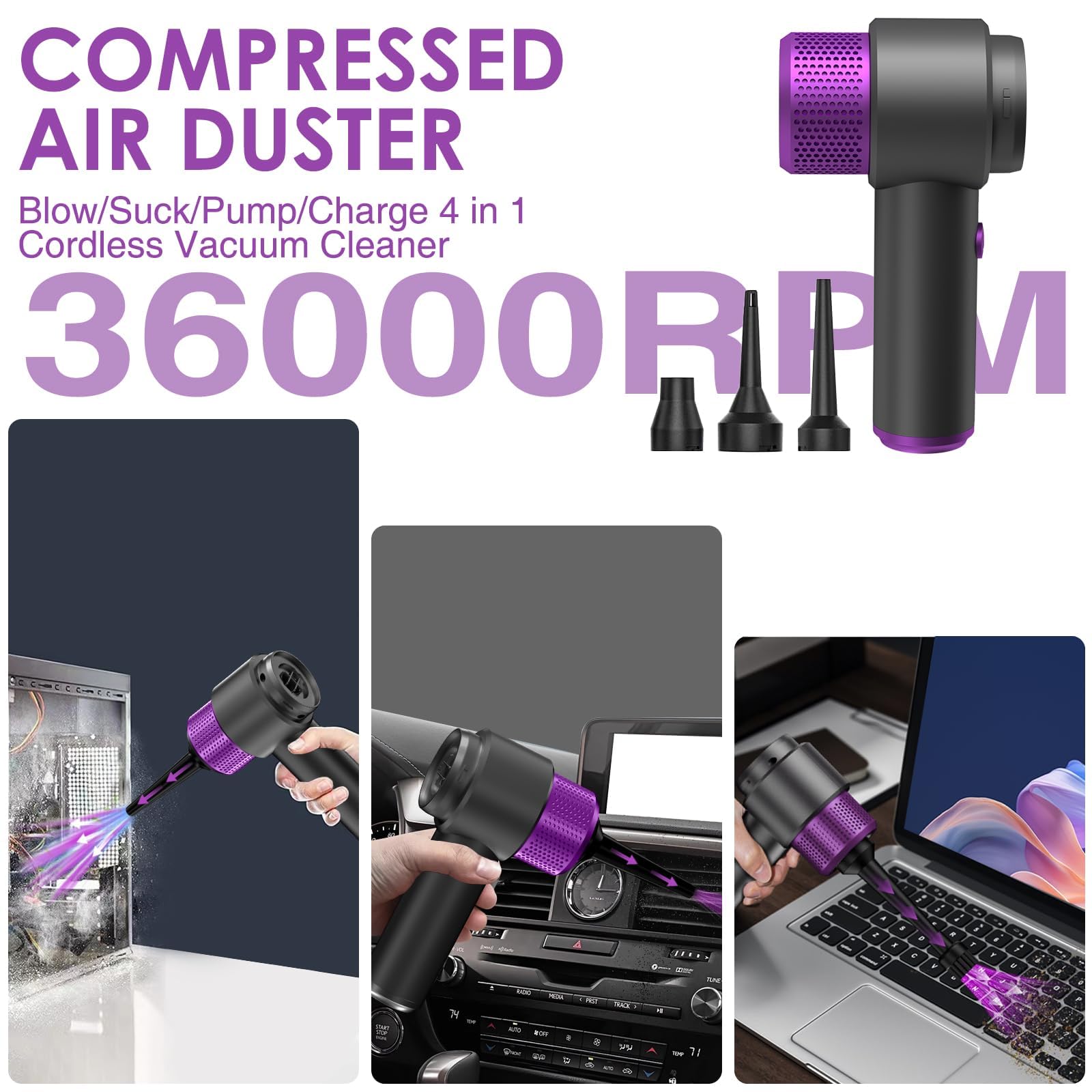4-en-1 Aspirateur Voiture Puissant sans Fil, 15000PA Mini Aspirateur a Main sans Fil, Double Système de Filtration, Lumière LED, pour Souffleur Air Comprimé Nettoyage PC, Bureau (Violet)