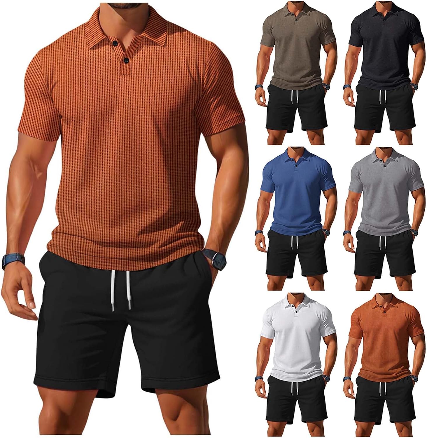Cambkatl 2 Piece Outfits for Men Shorts Set Short Sleeve Summer Lapel Business Casual Matching Golf Sets with Pockets