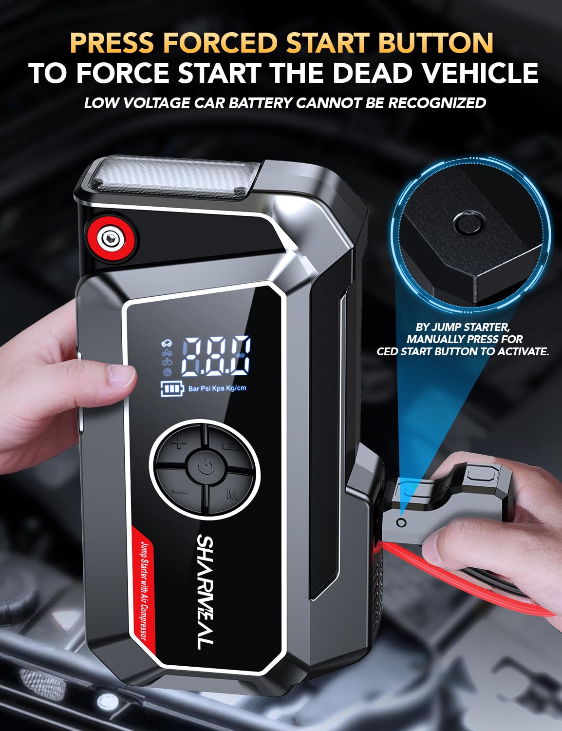 SHARMEAL 10000A 200PSl Compressore d'aria portatile per impieghi gravosi e avviatore di emergenza con display digitale, batteria per auto multifunzione 7 in 1, batteria al litio vari adattatori