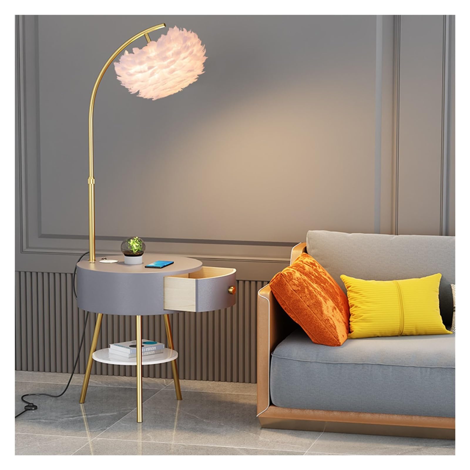 LJHFG63KUYT Standing Lamps Farmhouse Narrow Nightstand Floor Lamp, Wooden End Side Table Adjustable Reading Lamps Decorate(Gris)
