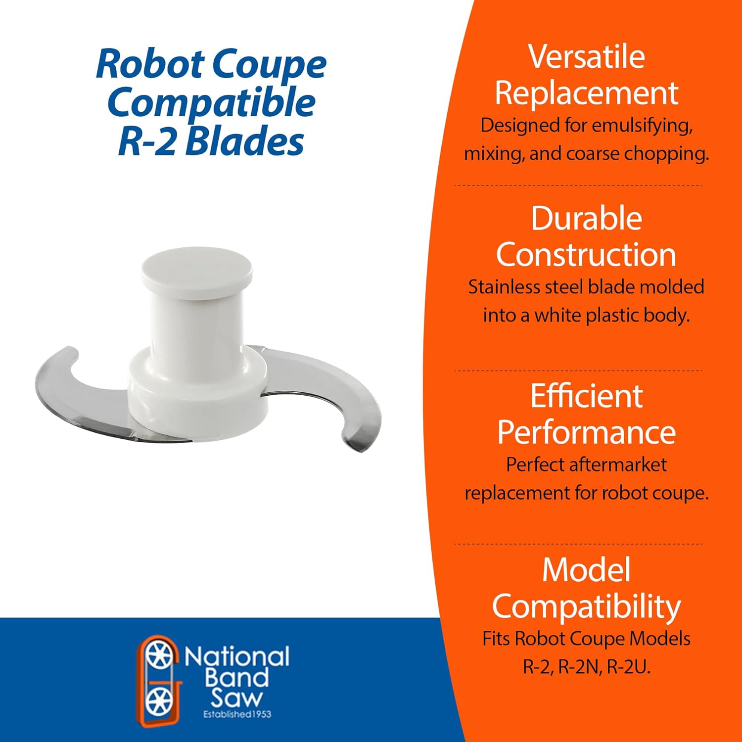 National Band Saw Robot Coupe Compatible R-2 Blades - S-Blade Replacement for Emulsifying, Mixing, Coarse Chopping - Stainless Steel in White Plastic Body - Fits R-2, R-2N, R-2U Models