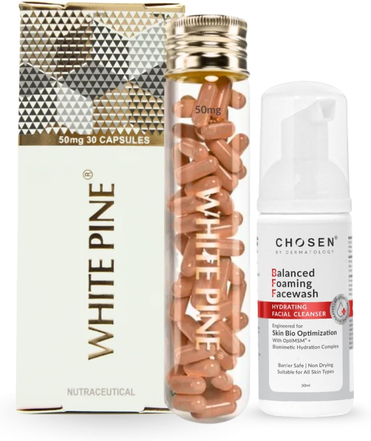 CHOSEN® Cleanse & Protect Wellness Pair | Balanced Foaming Facewash 50ml + White Pine Pycnogenol 50mg 30s pack | Oral Supplement