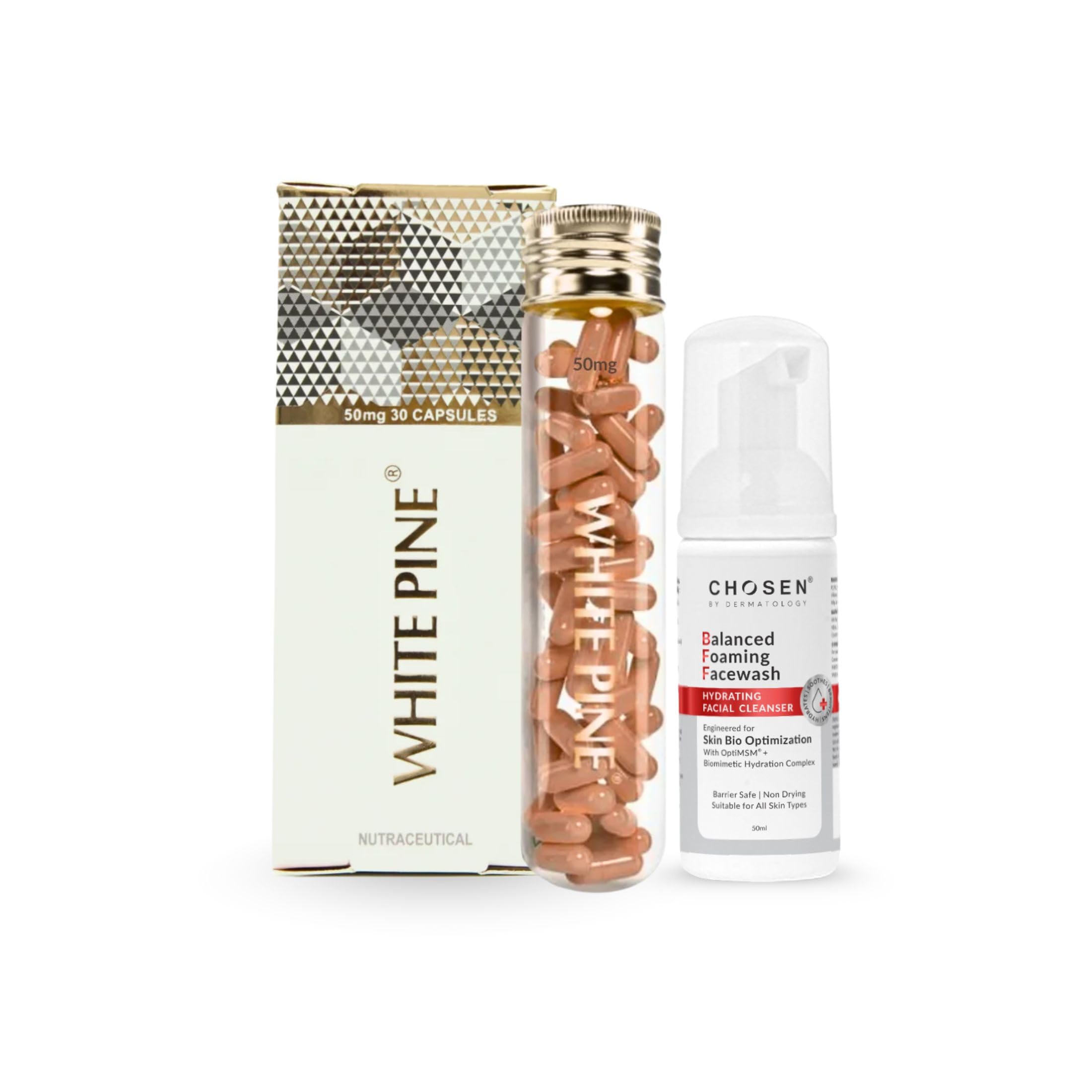 Cleanse & Protect Wellness Pair | Balanced Foaming Facewash 50ml + White Pine Pycnogenol 50mg 30s pack | Oral Supplement