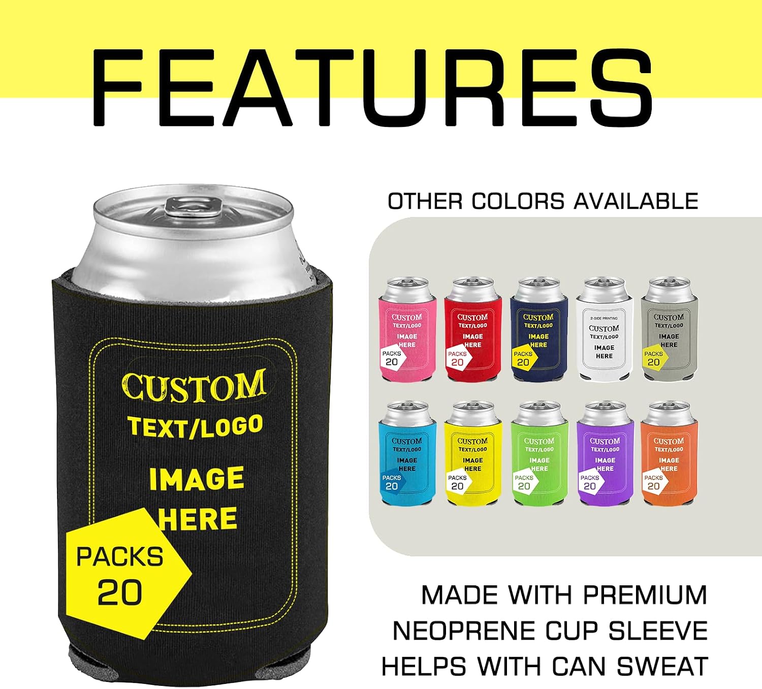 20 Pack Custom Can Cooler Fits 12 oz Cans & Bottles Design Your Own Personalized Can Sleeves Custom Beer Can Sleeve Drink Holder with Logo Image Text Insulated Perfect for Wedding Birthdays Parties