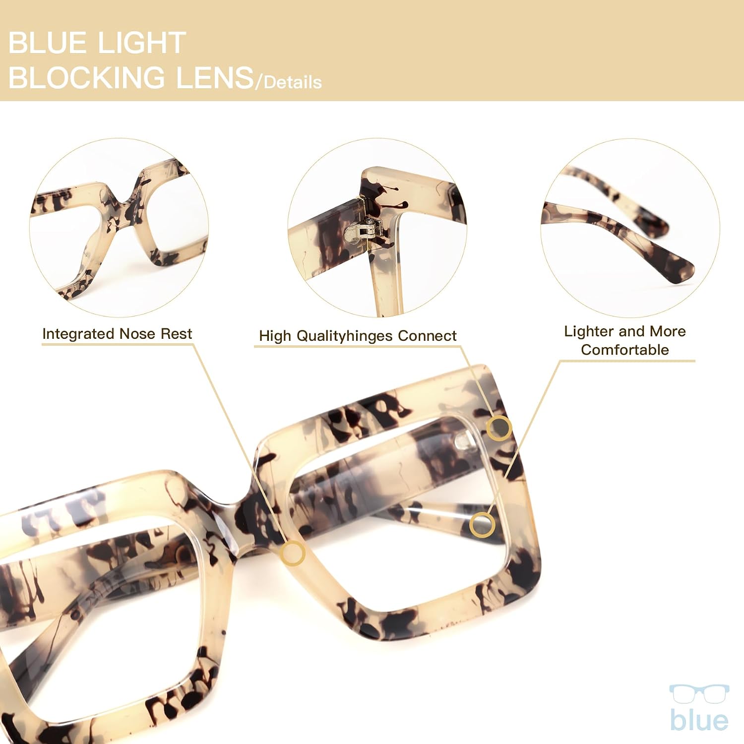 Oversized Blue Light Glasses for Women Fashion Square Thick Frames Stylish Non-Prescription Eyewear GRACE