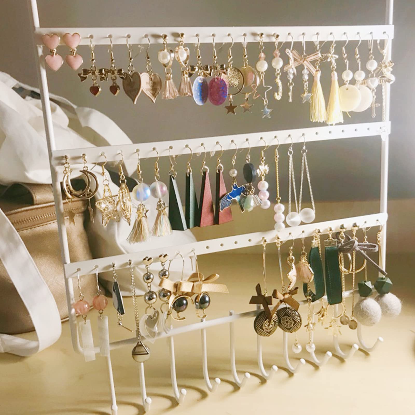 Wand Schmuckregal Aufhängen von Ohrringen, Eisen geschmiedet, mit 10 Haken, Schmuck Organizer zur Präsentation von Armbändern, Halsketten, Ringen, Wand und Tür Hänge Organizer, schwarz weißer