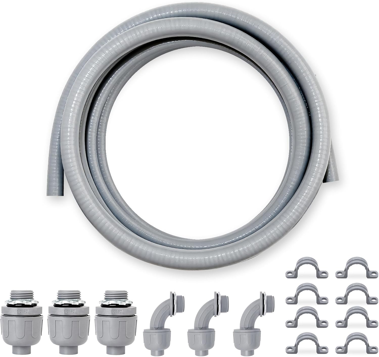 1/2 inch 15 Foot Liquid-Tight Conduit Kit, Flexible Non Metallic Electrical Conduit and Connector Kit, With 3 Straight and 3 Angle Fittings