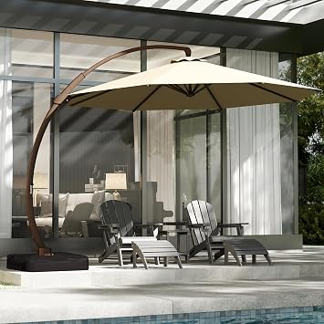 GREENVINES 11-FT-Patio-Offset-Cantilever-Umbrella | Outdoor Large Umbrellas with Base | Aluminum Ribs | Heavy Duty | Curvy | 360Rotation | for Pool Garden Backyard Deck Lawn | Tan