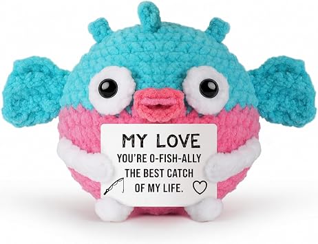 WELLBANEE Mini Funny Fish Birthday Gifts for Him Her Boyfriend Girlfriend, Romantic Anniversary to My Love Gifts for Husband Wife Couples, Handmade Crochet Puffer Fish Home Office Desk Decor