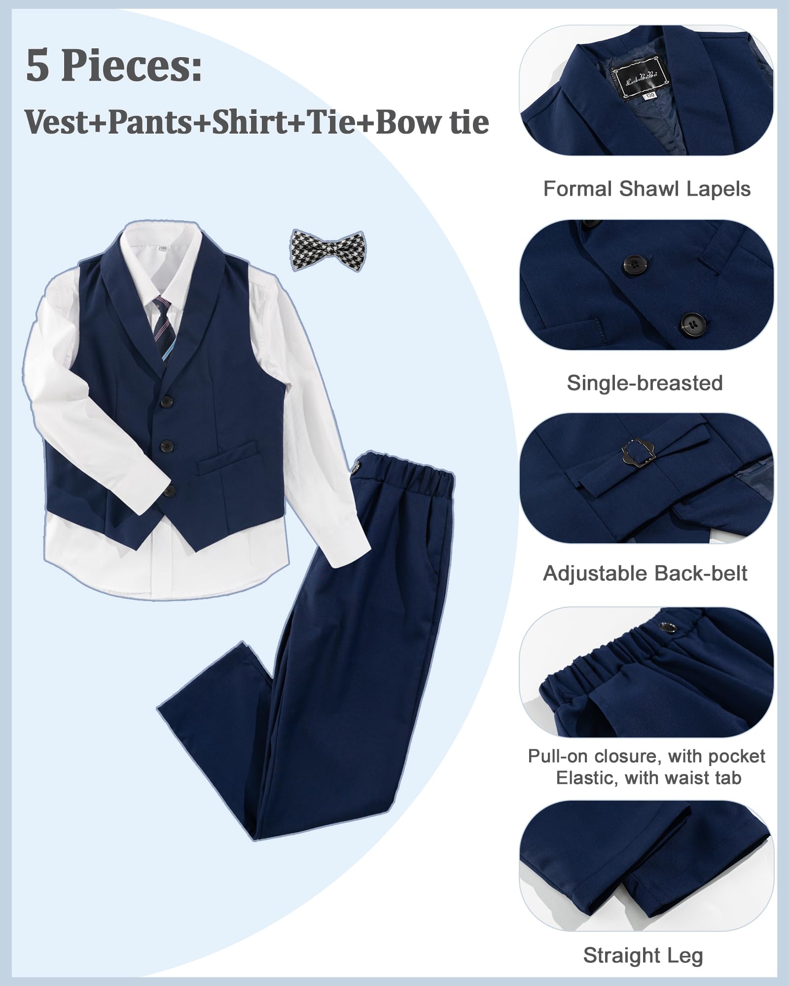 LOLANTA Costume Formel 5 pièces pour Garçons, Costume de Mariage et d'anniversaire, Tenue de Page Garçon, Gilet, Pantalon, Chemise, Nœud Papillon
