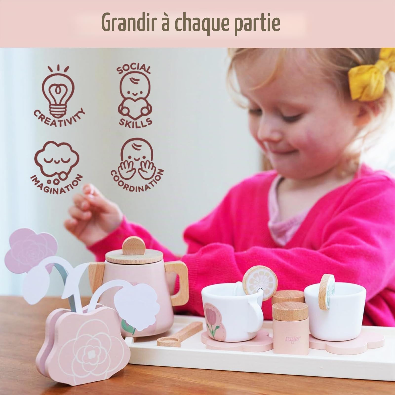Service à Thé et à Dessert pour Fête de Filles 24PCS, Dinette Enfant en Bois Jouet Fille 3 4 5 Ans Accessoire Cuisine Tout-Petits Bois Jeux de Rôle de Tea Party Cadeau Rose
