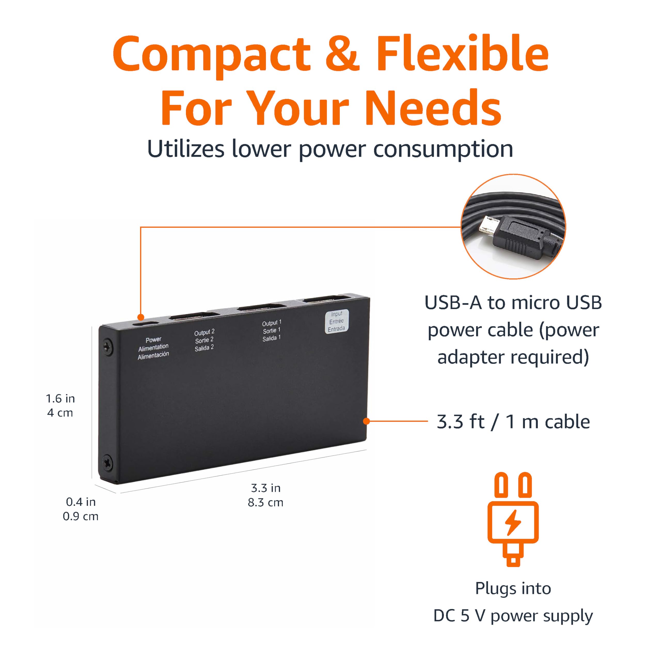Amazon Basics Sdoppiatore HDMI 1 in 2 out, 4K@60Hz per doppio monitor, solo specchio, nero (Confezione da 2)