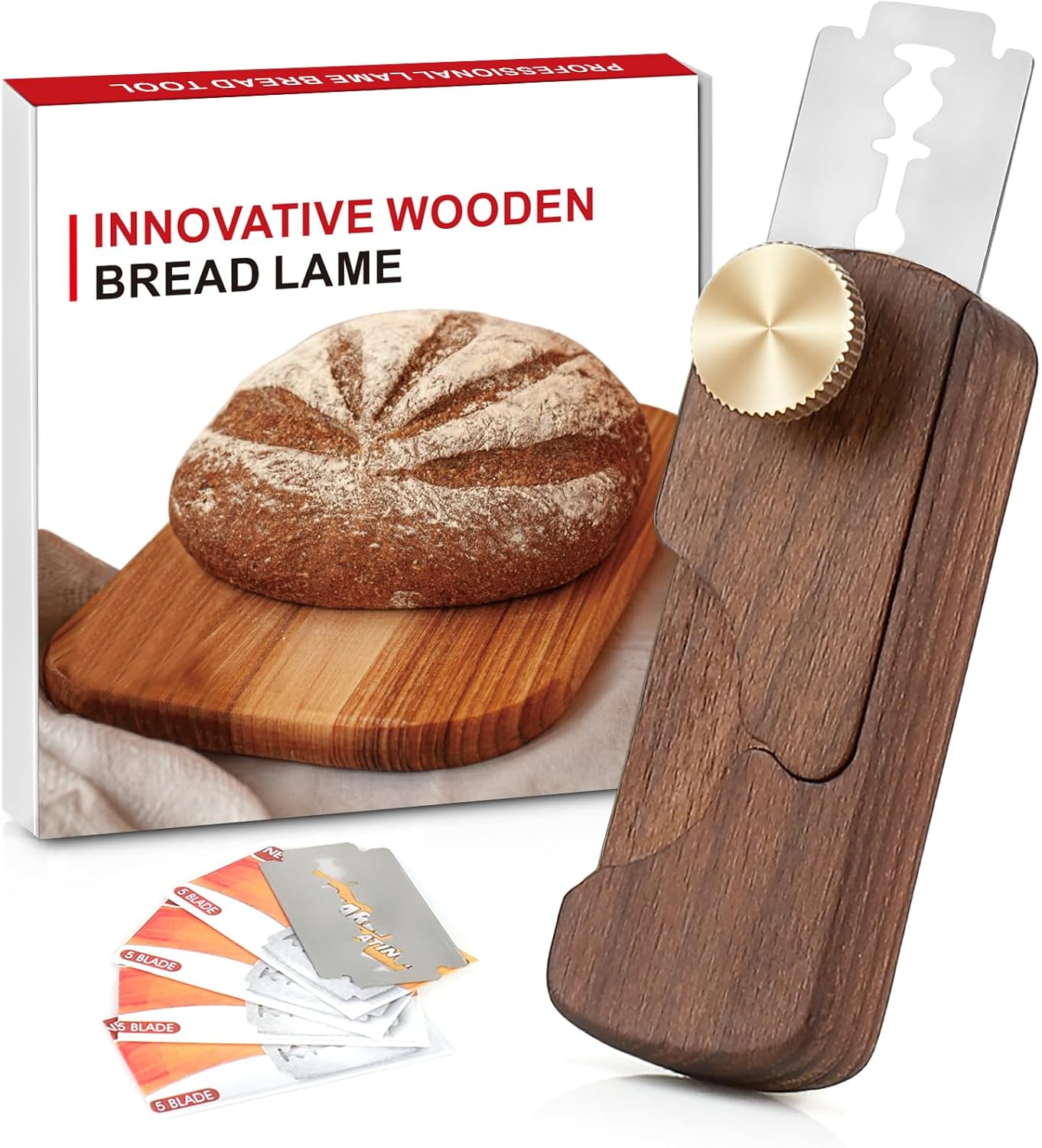 Bread Lame Sourdough Scoring Tool with Magnet,Hand Crafted Dough Scoring Knife Tool for Homemade Bread Baking,Lame Bread Tool with 5 Razor Blades,User Manual-Gift Box, Small, Black Walnut Thumbnail