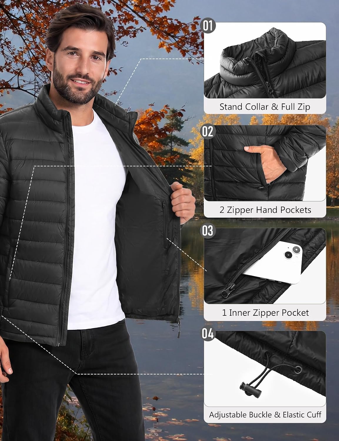 WHN Mens Puffer Jacket Lightweight Winter Insulated Coat