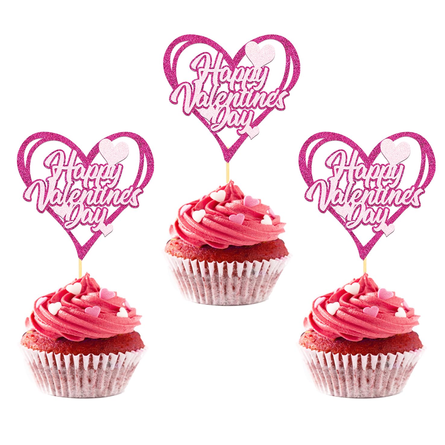 24Pcs Happy Valentine's Day Cupcake Toppers,Sweet Love Theme Cupcake Picks for Valentine's Cake Decorations (Rose red heart)