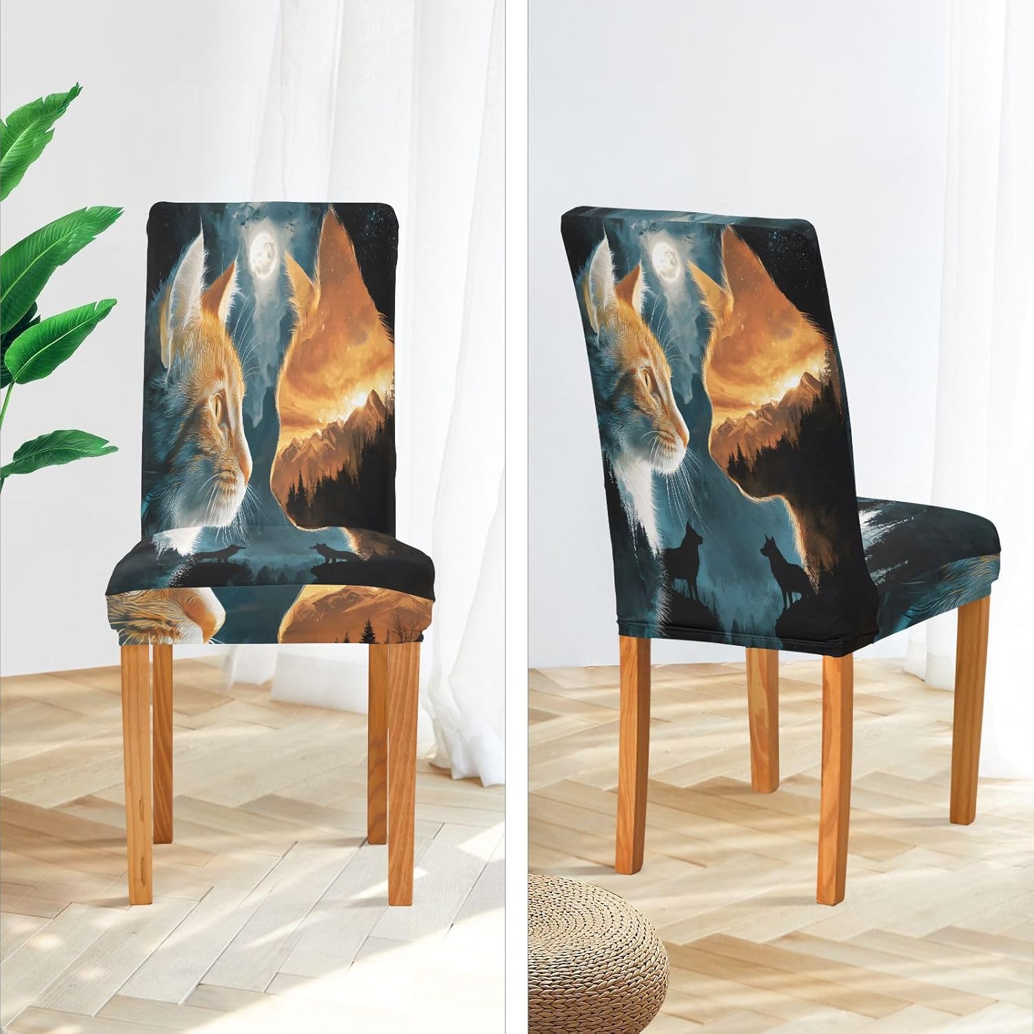 ALAZA Chair Covers for Dining Room, Cat Wolf Moon Stretch Chair Cover Sets Chair Protector Removable Washable for Ktichen Restaurant Hotel