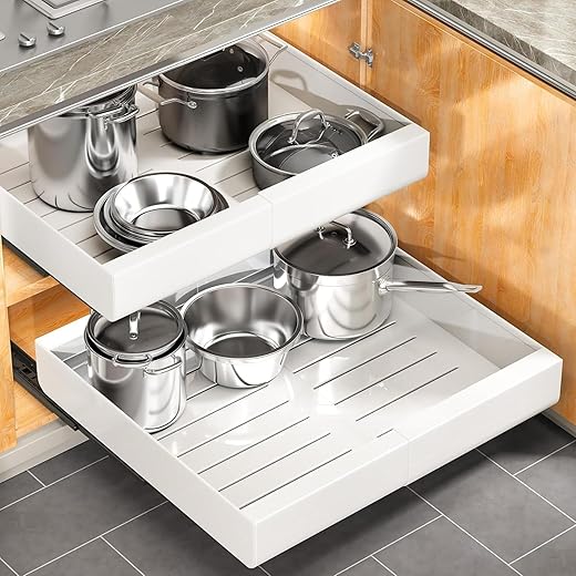Pull out Cabinet Organizer, Expandable(12"-20") Heavy Duty Slide out Drawers Fixed with Adhesive Nano Film for Pots, Roll out Shelf Storage for Kitchen Base Cabinet, Pantry, Bathroom Cupboard