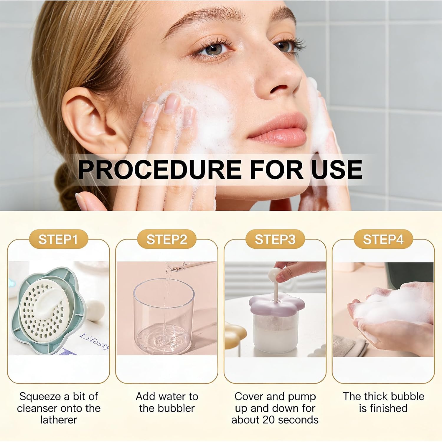 Face Wash Foam Maker - Quick Rich Lather Flower Design Foamer, Compatible with Most Facial Cleansers, Compact Clear Base for Bathroom Vanity Skincare Tool