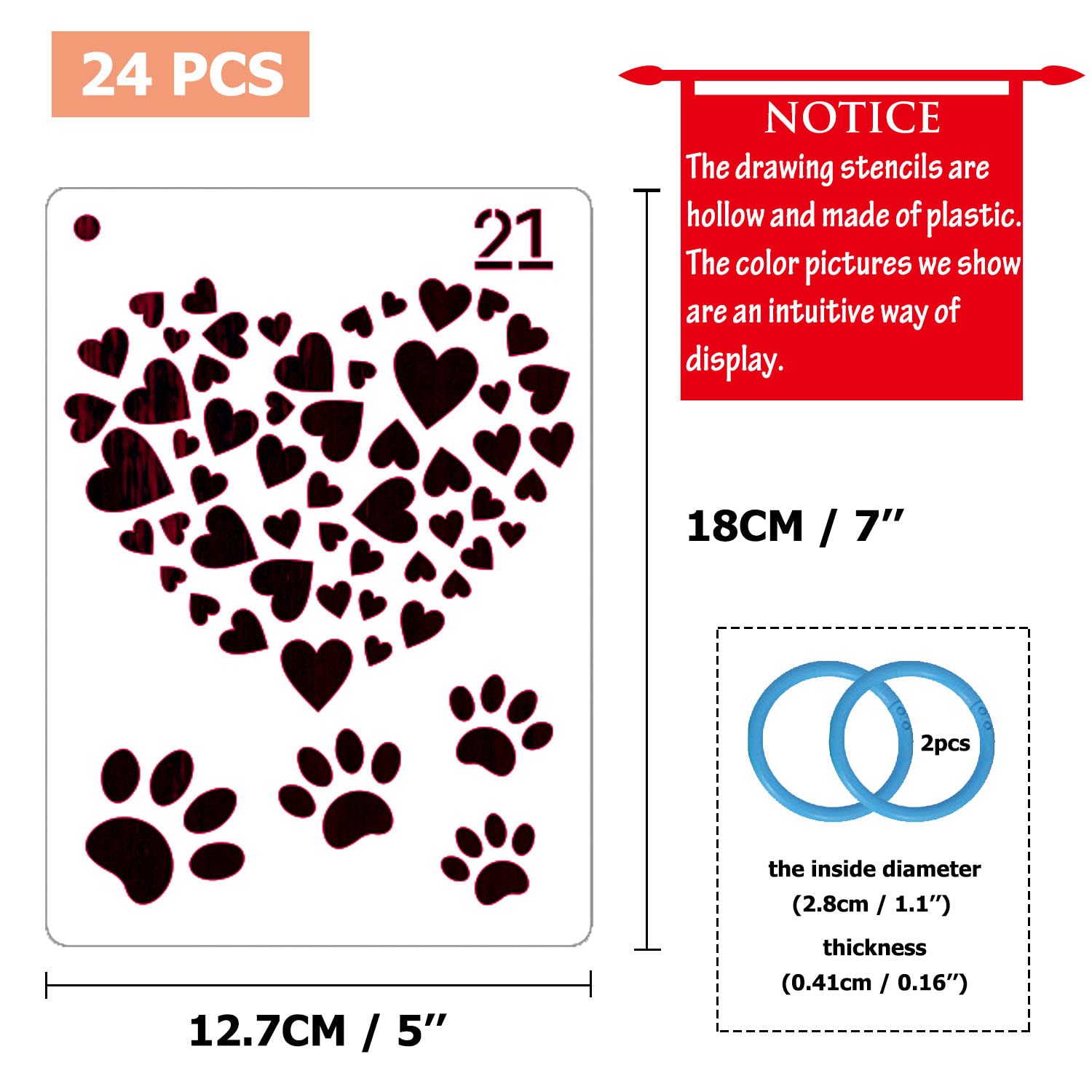 35 pcs Journal Stencils with 2 Binder Rings, VEINARDYL 5x7in/4.3x7in Letter Alphabet Stencil Planner Set Plastic Painting Template Reusable Drawing Stencil for DIY Craft Scrapbooking Diary Notebook