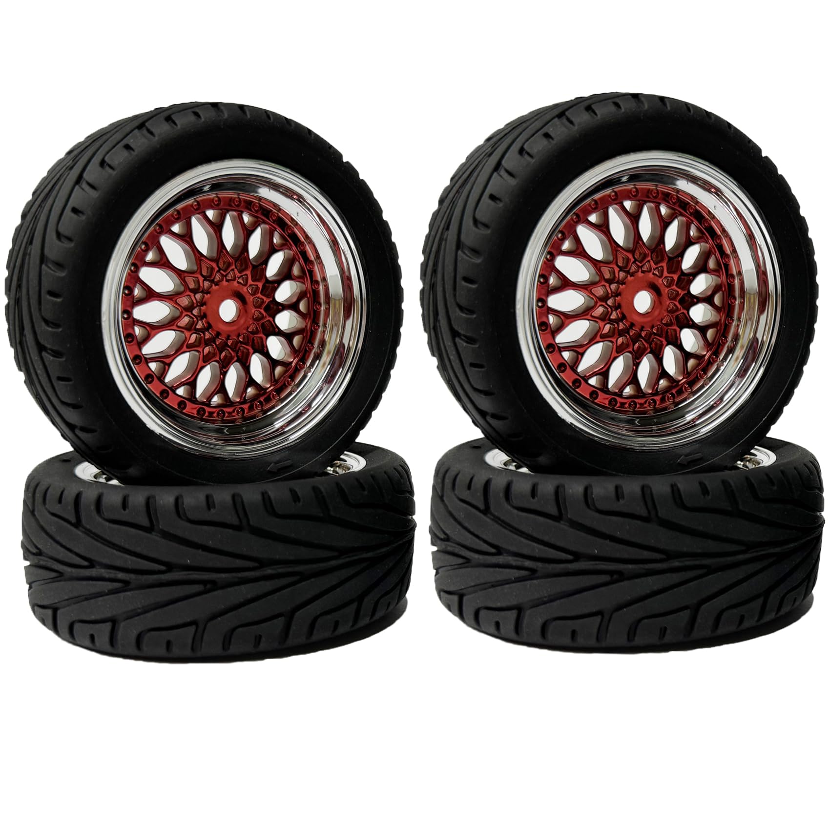 RC Car Tyres and Wheels Set, KINGCOO 4 Pieces 65 mm Rubber Tyres Plastic Coating Wheel Rims 12 mm Hex for 1/10 RC On-Road Run-Flating Touring Racing Car (Red Silver) โ image 1