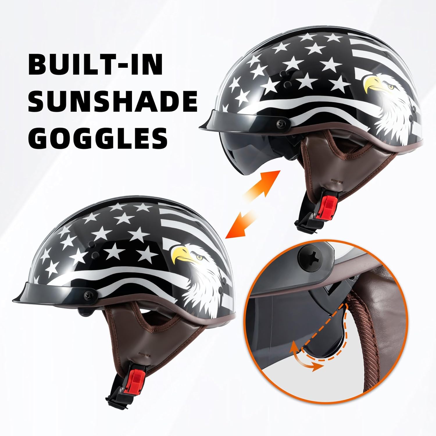 Motorcycle Half Helmet with Retractable Inner Sun Shade Quick Release Buckle DOT Approved Half Face Cycling Helmets for Men Women Adult