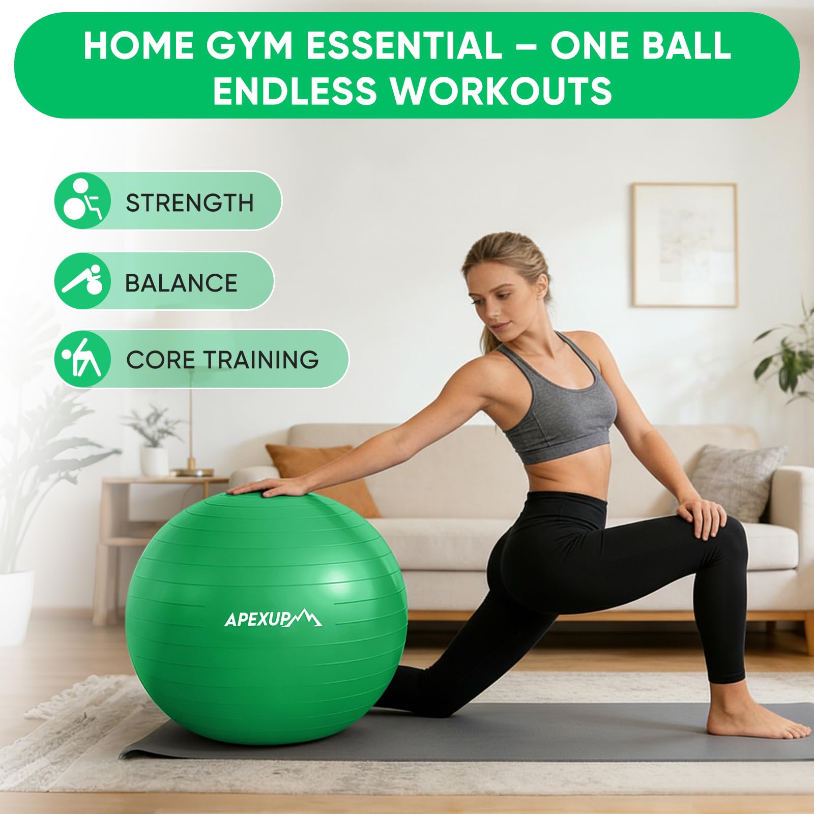 APEXUP Pelota de yoga antideslizante resistente para fitness, equilibrio y entrenamiento de núcleo