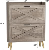 Vista 2 de Armario de almacenamiento de zapatos de granja de 32 pulgadas de ancho con 2 cajones abatibles y diseño de puerta de granero, estantes ajustables