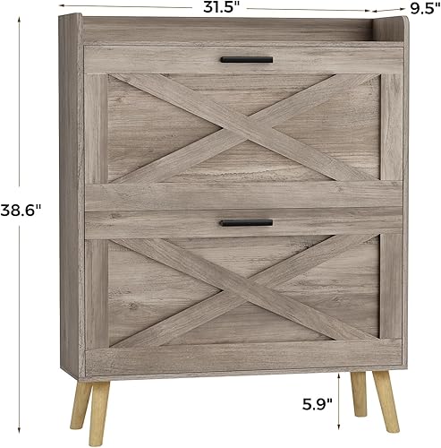 Miniatura 2 de Armario de almacenamiento de zapatos de granja de 32 pulgadas de ancho con 2 cajones abatibles y diseño de puerta de granero, estantes ajustables,