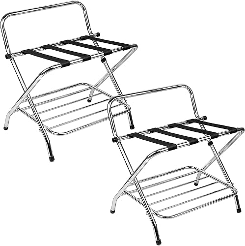 Soporte de valet de equipaje esencial para invitados  Soporte de maleta de metal estilo hotel con correas de nailon de 2 niveles de acero aleado en