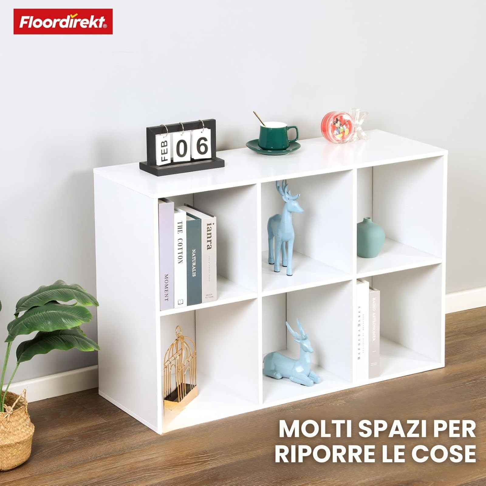 Floordirekt Libreria bianca in legno con 6 scomparti, scaffale a cubo per soggiorno e camera da letto (Vermont)