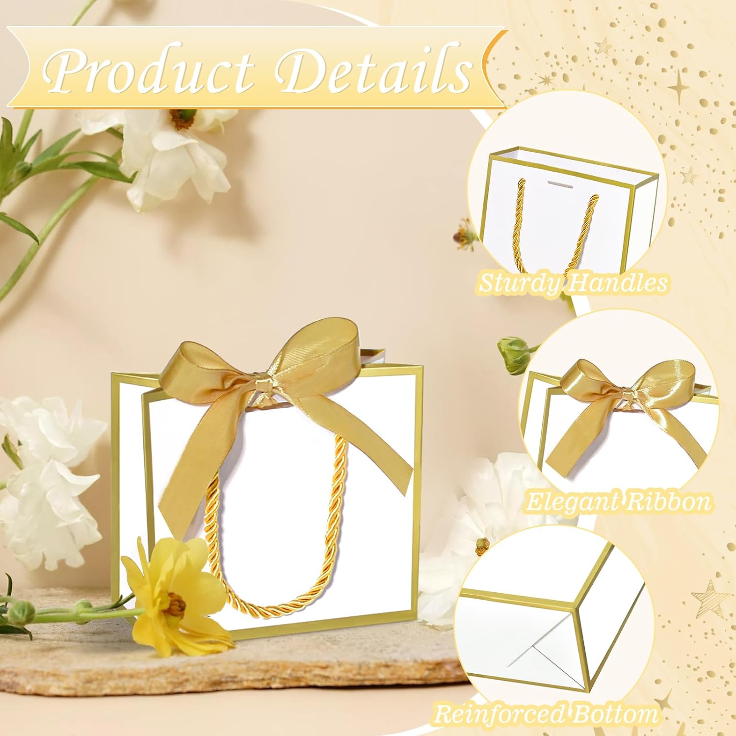 EQOREIIN 24 PCS Small Gift Bags with Handles,White Mini Bag,5.5x 2.5x4.7 Inches Small Thank You Gift Bags Bulk with Ribbon for Party Favors,Mother's Day, Goodie, Weddings,Baby Shower(White Gold) - Image 5