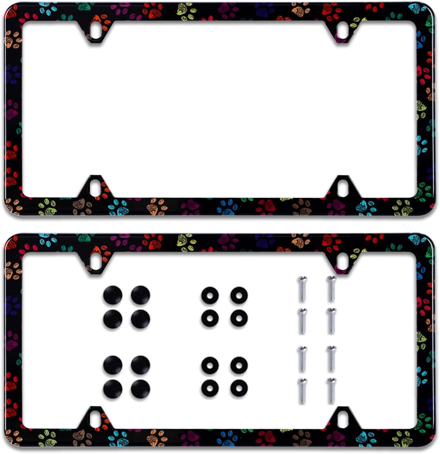 Watercolor Dog Paws License Plate Frame 2 Pcs Stainless Steel Animals Paw Car License Plate Accessory Personalize Decor 12.3" X 6.3" 8 Holes Screws Fit All Vehicle Standard Size