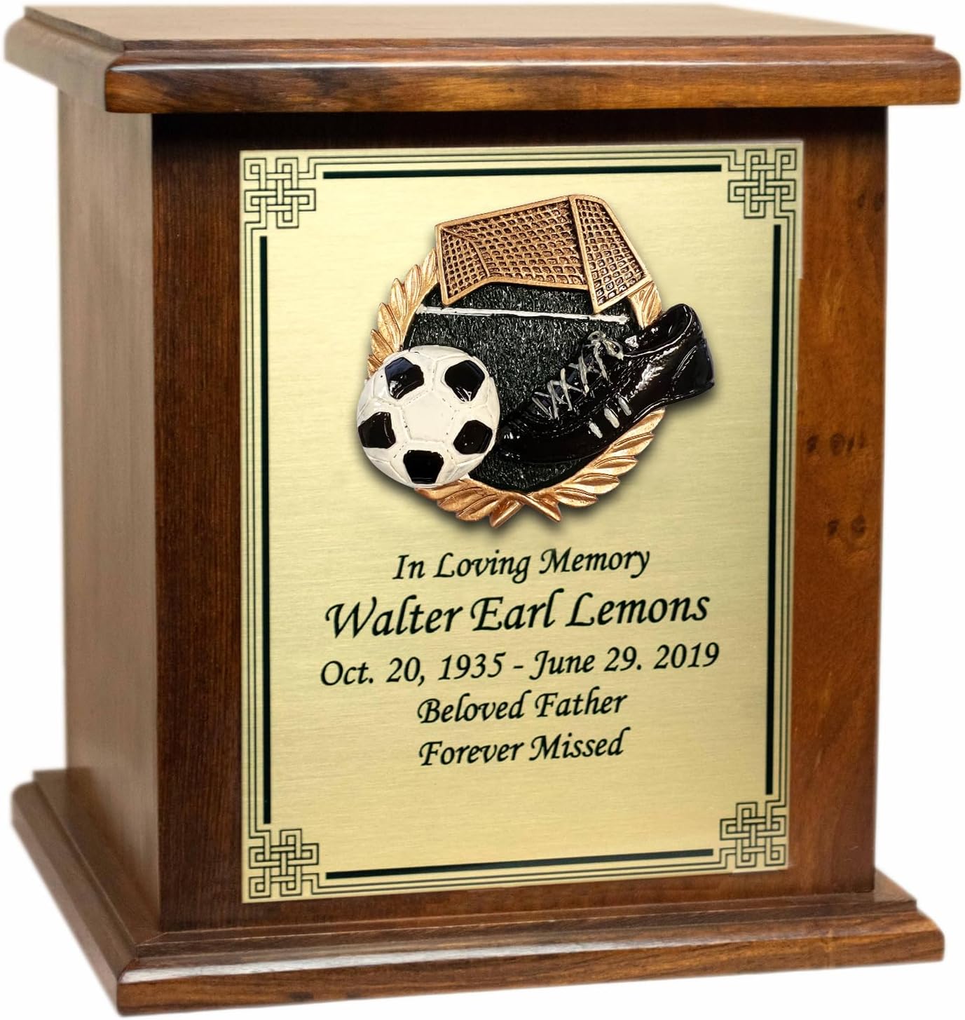 Sports Adult Memorial Wooden Cremation Urn, Wood Funeral Urns with Personalization (Brown, Large, Soccer)