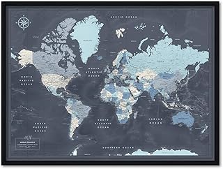 Navy Travel Map with Pins | Framed World Wall Map with Push Pins | Personalized Family Travel push pin map