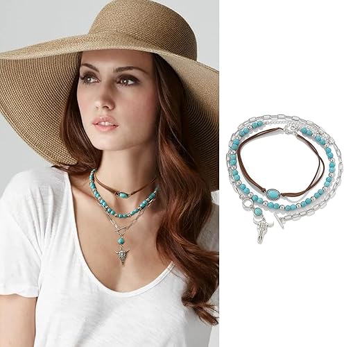 Miniatura 7 de Collares occidentales en capas para mujer, collares de cuentas de turquesa vintage, joyería occidental para mujer, collares de cadena de cruz de