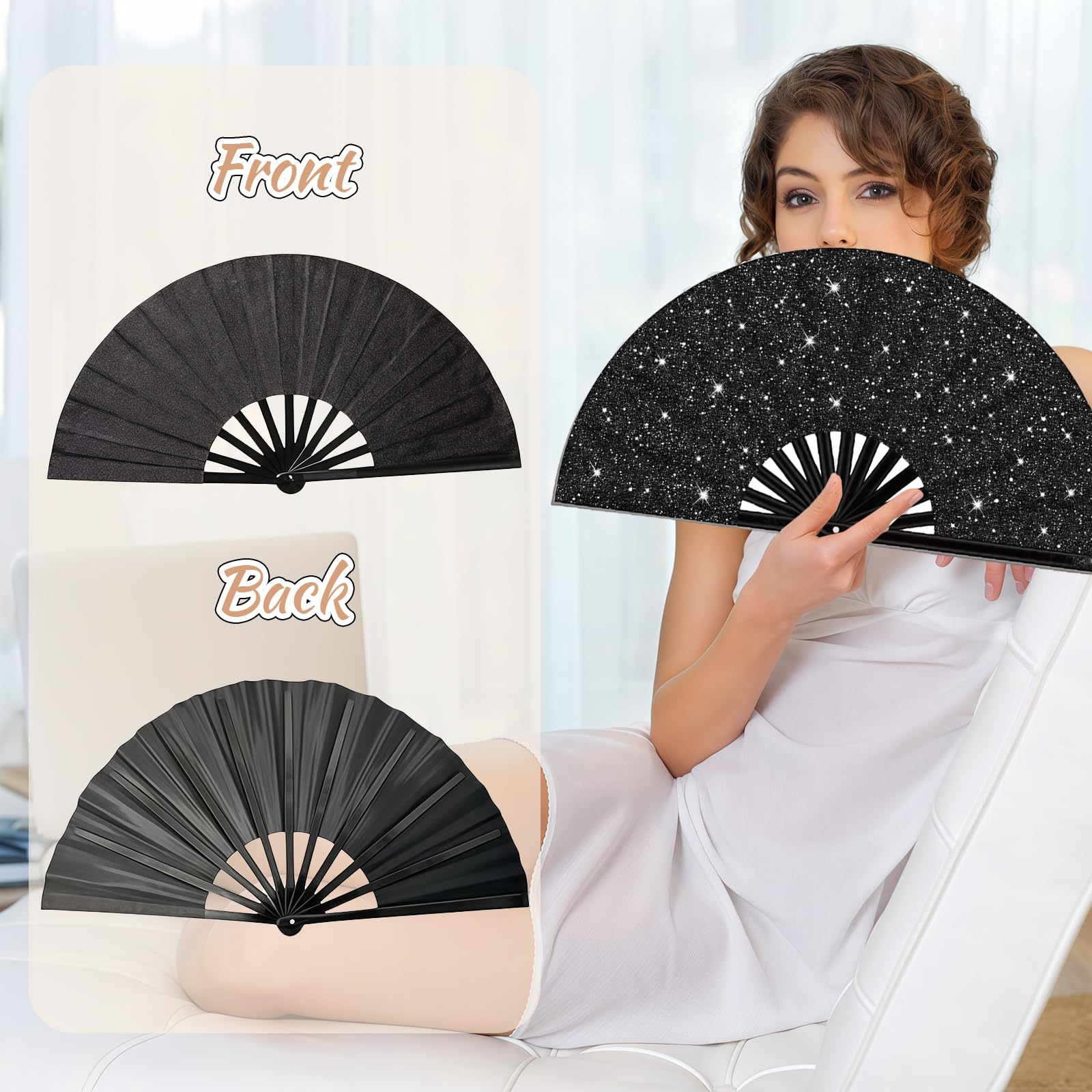 Yamobi Grande Abanico de Mano - Abanico Plegable para Mujeres, 33 cm con Brillo - Negro, Ideal para Festivales EDM, Rave, Fiestas y presentaciones de Baile