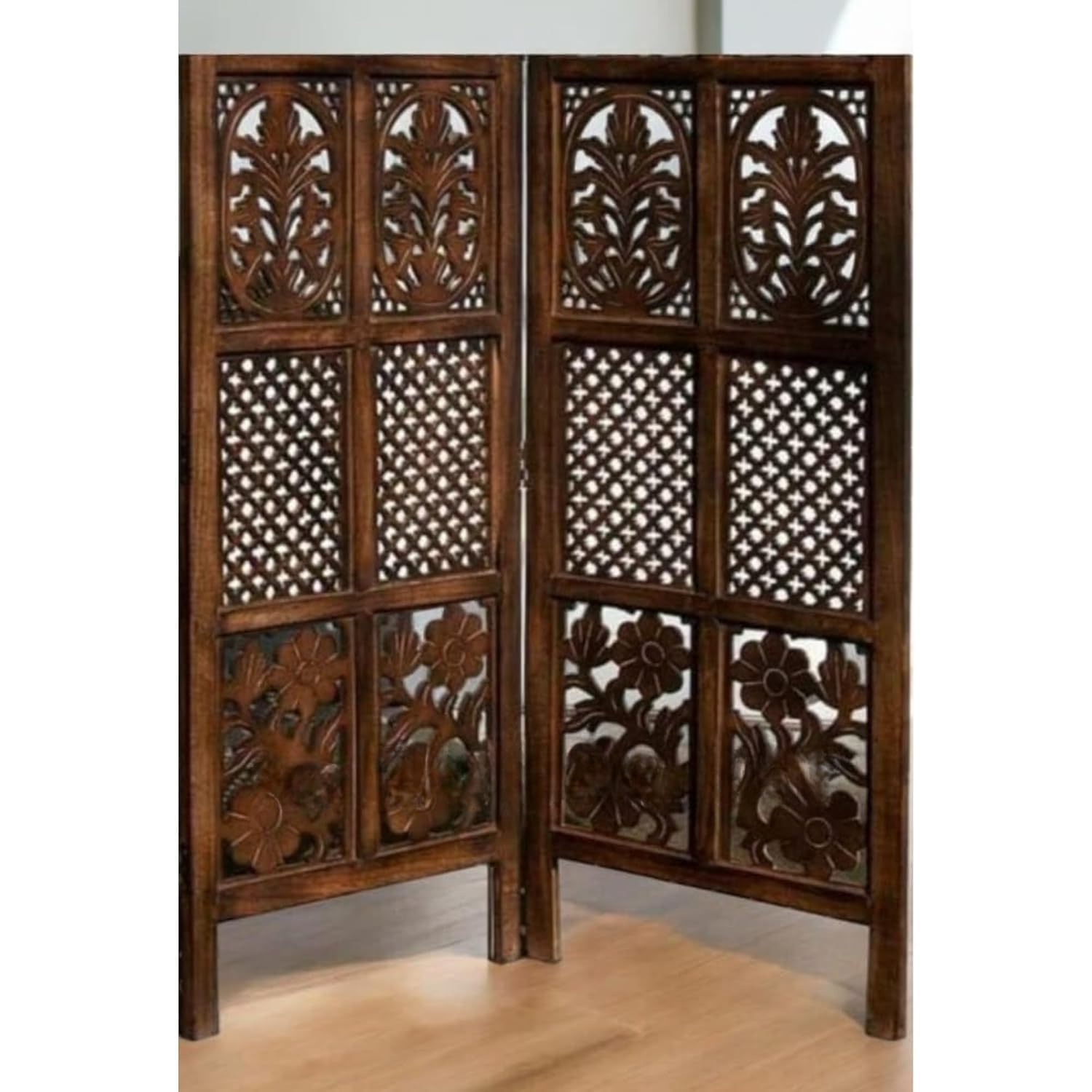 woodisa krafts wooden room divider partition for living room wooden screen partition hall partition makeup studio privacy divider floor panels for pooja room | partition 4 feet 2 panels, brown
