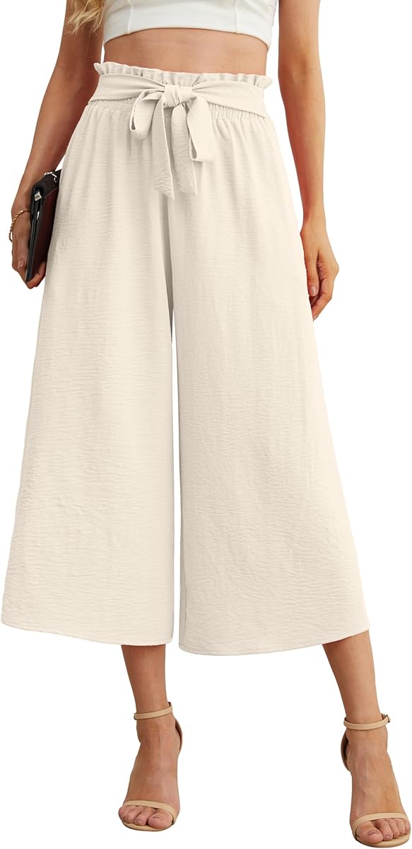 IWOLLENCE Women Flowy Loose Wide Leg Pant Summer Beach Casual Trousers high Waist Adjustable Knot Business Work Casual Pants Ivory White X-Large at Amazon Women’s Clothing store