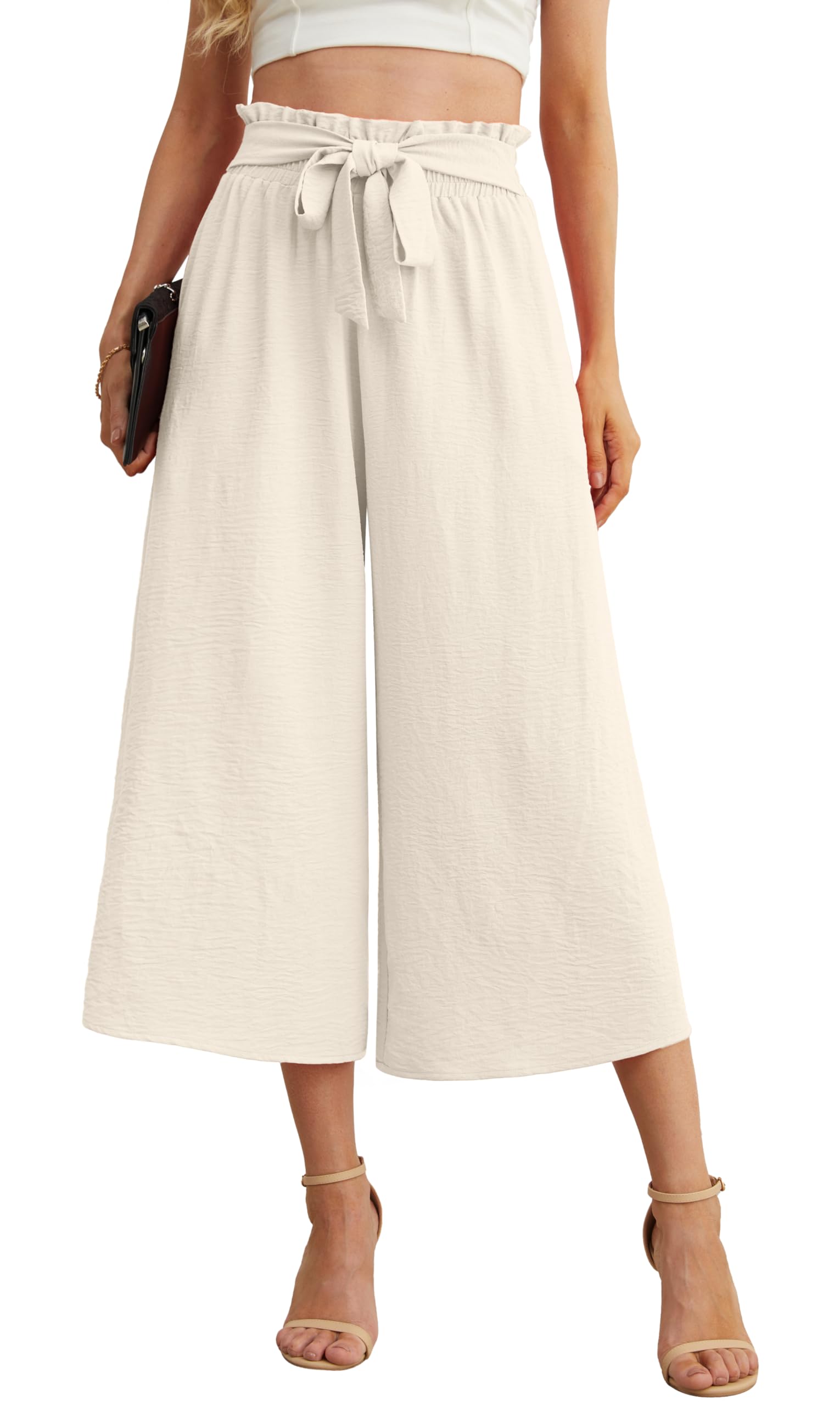 IWOLLENCE Women Flowy Loose Wide Leg Pant Summer Beach Casual Trousers high Waist Adjustable Knot Business Work Casual Pants