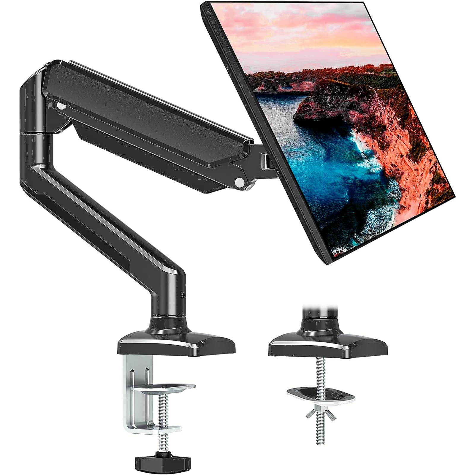 Soporte de monitor de un solo brazo para ganar espacio en mesa y sujetar pantallas de 9 kg