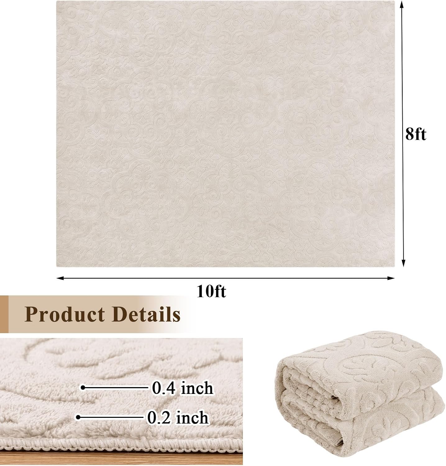 U'Artlines 8x10ft Washable Area Rug for Living Room, Neutral Beige Modern High-Low Pile Rug for Bedroom, Non Slip Soft Cozy Fluffy Large Floor Carpet for Dining Area, Kids Nursery Room