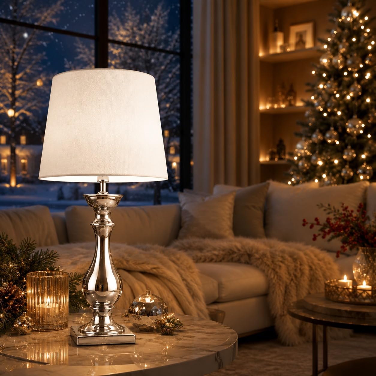 Tischlampe Silber Keramik 60 cm mit Weißem Stoffschirm – Nachttischlampe Schlafzimmer, Moderne Tischleuchte Wohnzimmer, E27 Tischleuchte mit Kabelschalter, Dekolampe, Leselampe für Büro & Flur