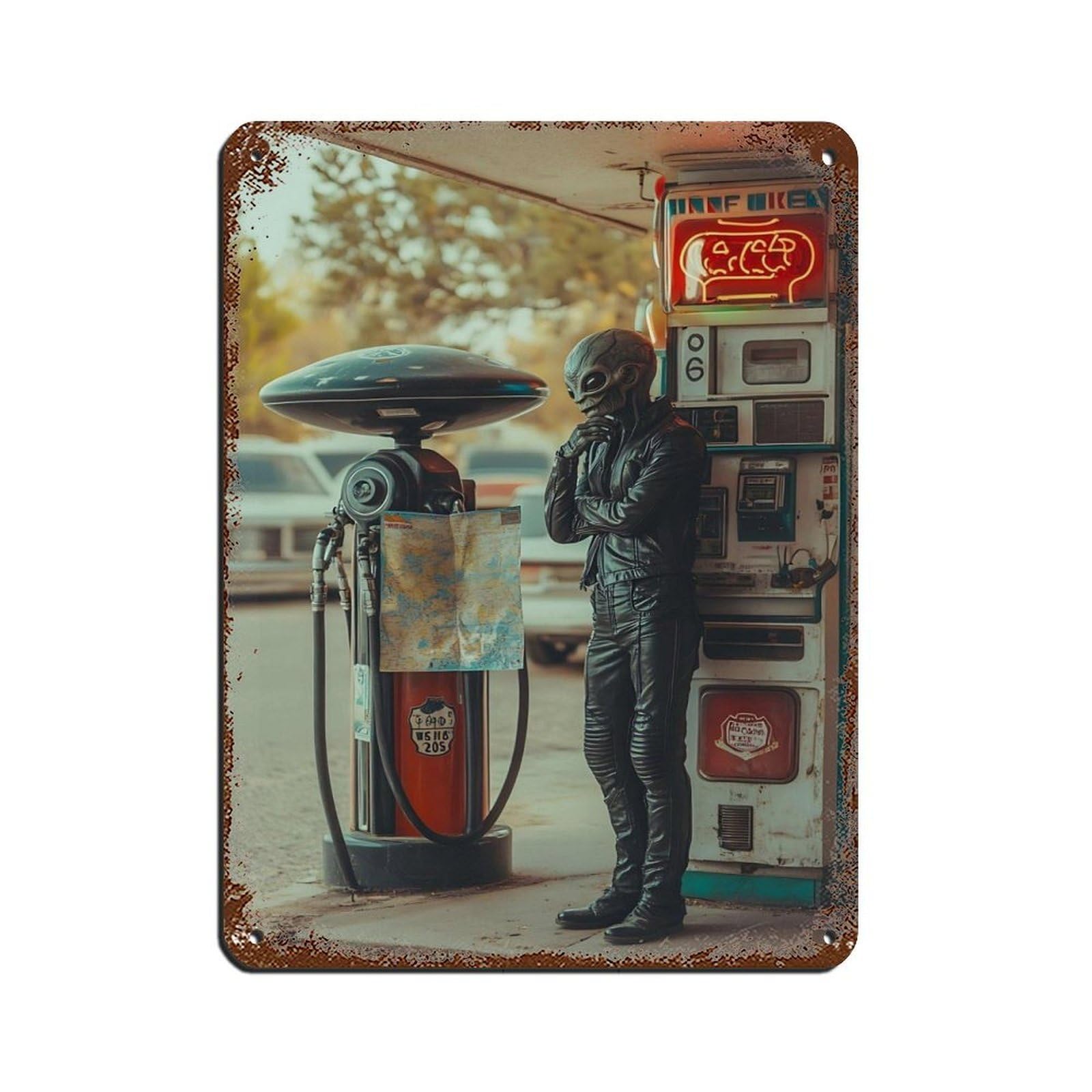 Retro Sci-Fi Alien Gas Station Tin Sign Vintage Metal Pub Club Cafe Bar Home Wall Art Decoration Poster Retro 12x16inch(30x40cm)