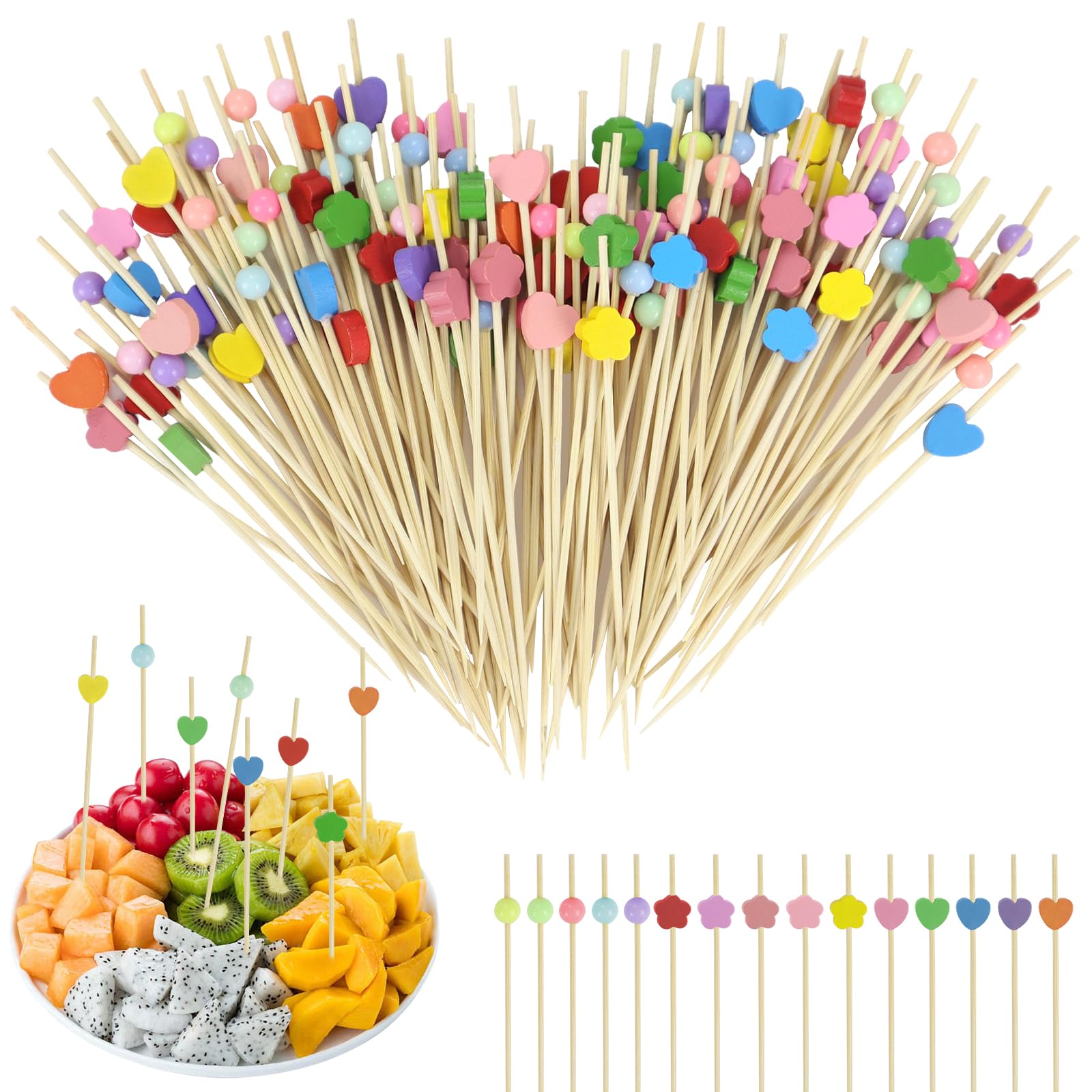 300 Pezzi Stuzzicadenti Decorativi 12cm Bastoncini da Cocktail Legno Stuzzicadenti Lunghi con Decorazioni a Cuore Fiore e Pallina Spiedini Legno per Bar Compleanno Feste Decorativi