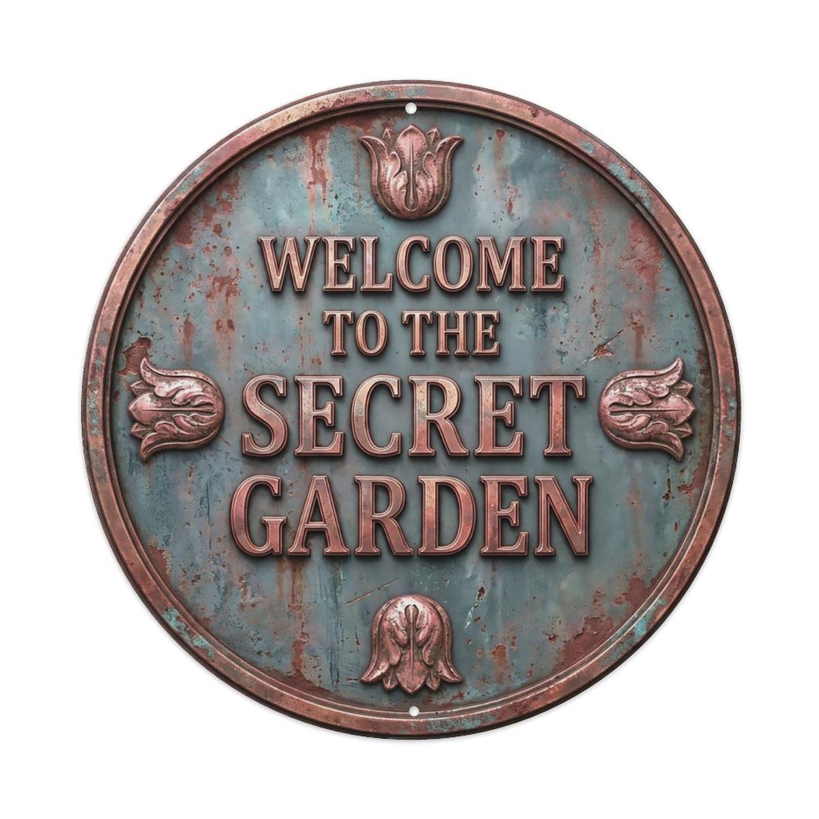Vintage Welcome Secret Garden Rose Gold Azure Metal Tin Sign
