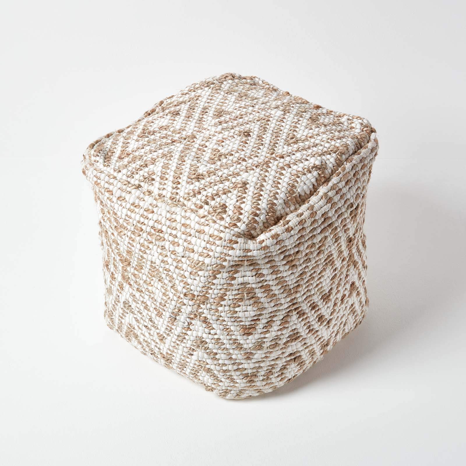 Homescapes Sitzwürfel Sierra 40x40 cm, Pouf mit Ethno-Muster handgefertigt in Natur & Weiß, Fußhocker aus Jute & Baumwolle mit Sitzsack-Füllung