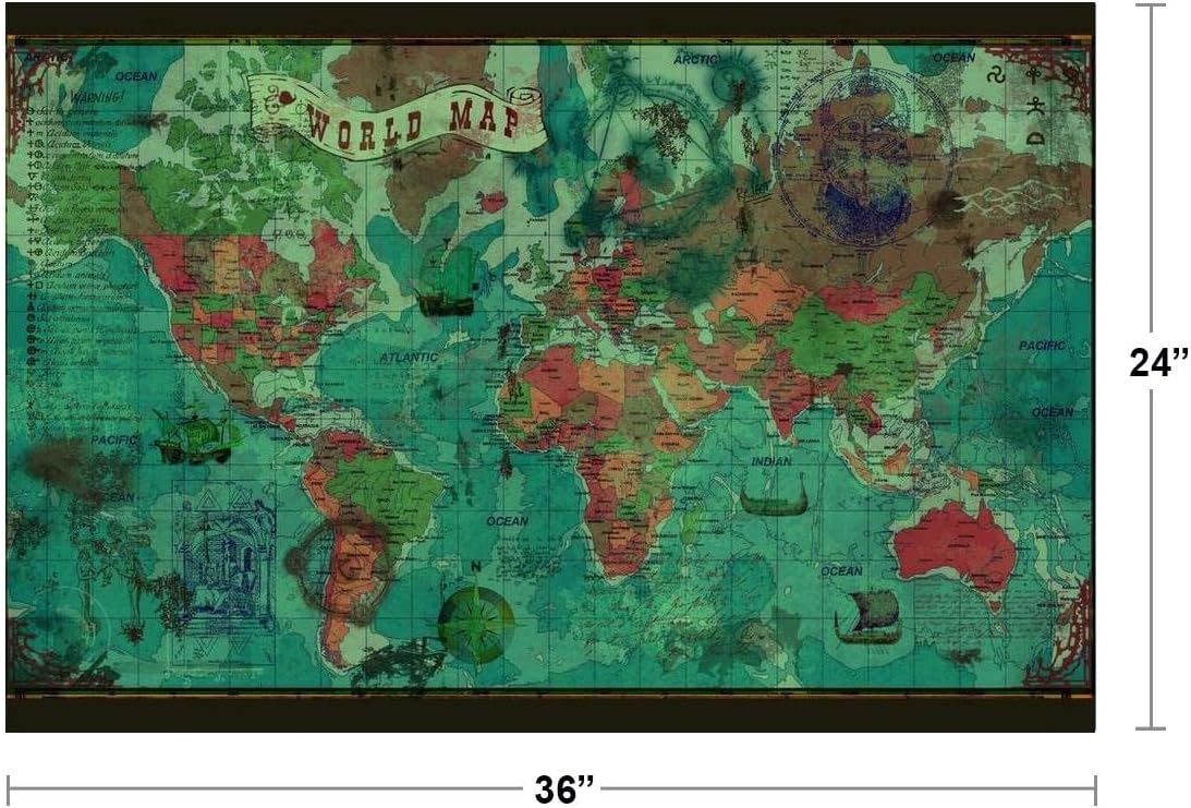World Political Antique Style Map Travel World Map with Cities in Detail Map Posters for Wall Map Art Wall Decor Geographical Illustration Vintage Destinations Cool Wall Art Print Poster 36x24