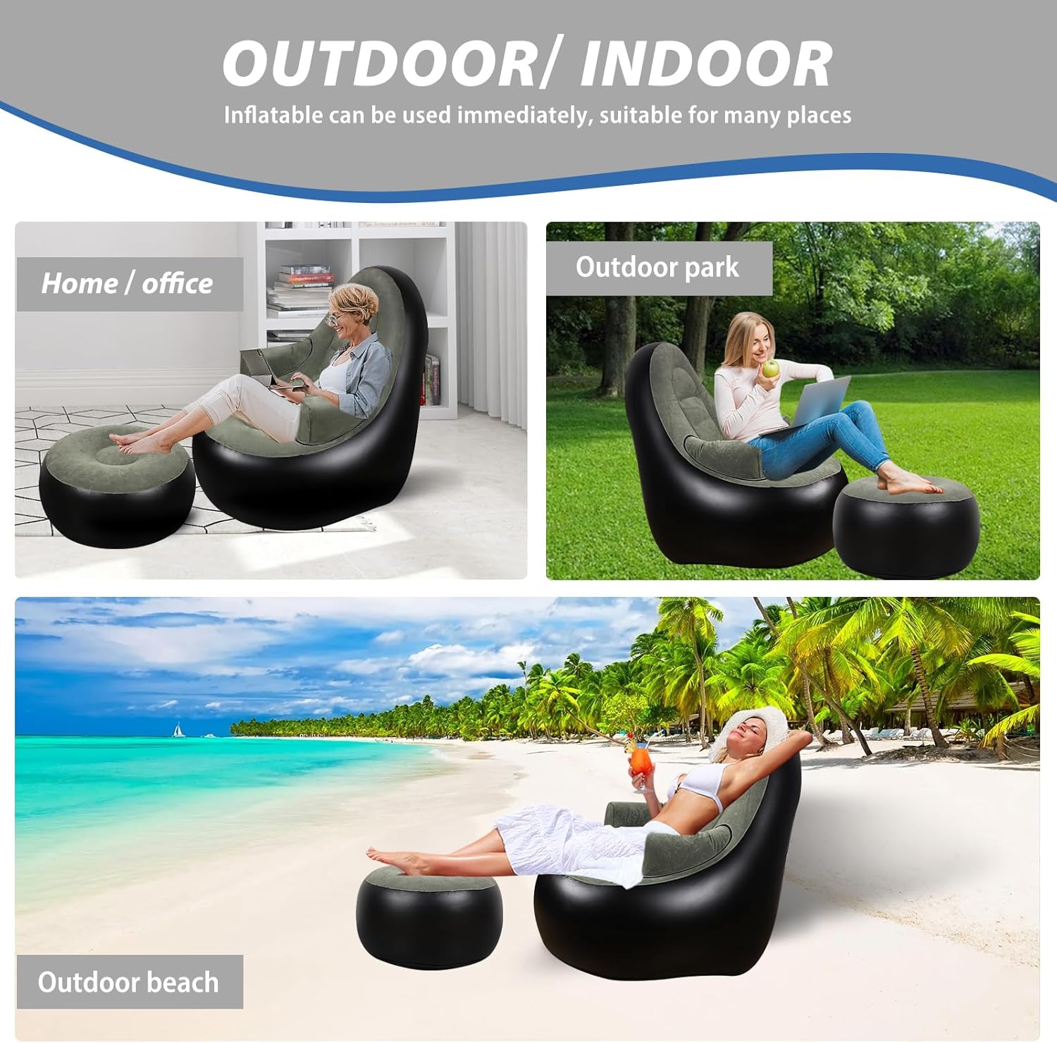 Inflatable Couch with Armrest＆Ottoman, Blow Up Lounger Chair,Folding Air Chair for Adults,Inflatable Lazy Sofa Perfect for Rooms, Camping or Home(Without Pump)