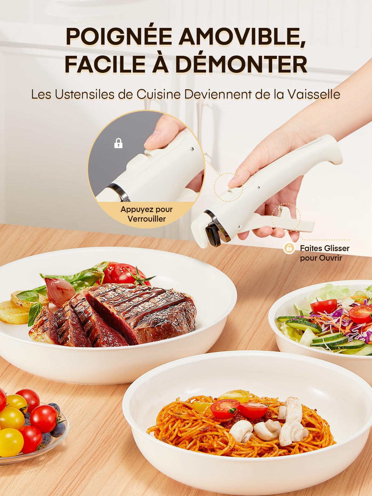 FOHERE Lot de 3 Poêles 20/24/28 cm avec Poignée Amovible, Poele Induction pour Tous les Types de Plaques de Cuisson, Poele Ceramique, Passe au four et au Lave-vaisselle, Aluminium, Beige